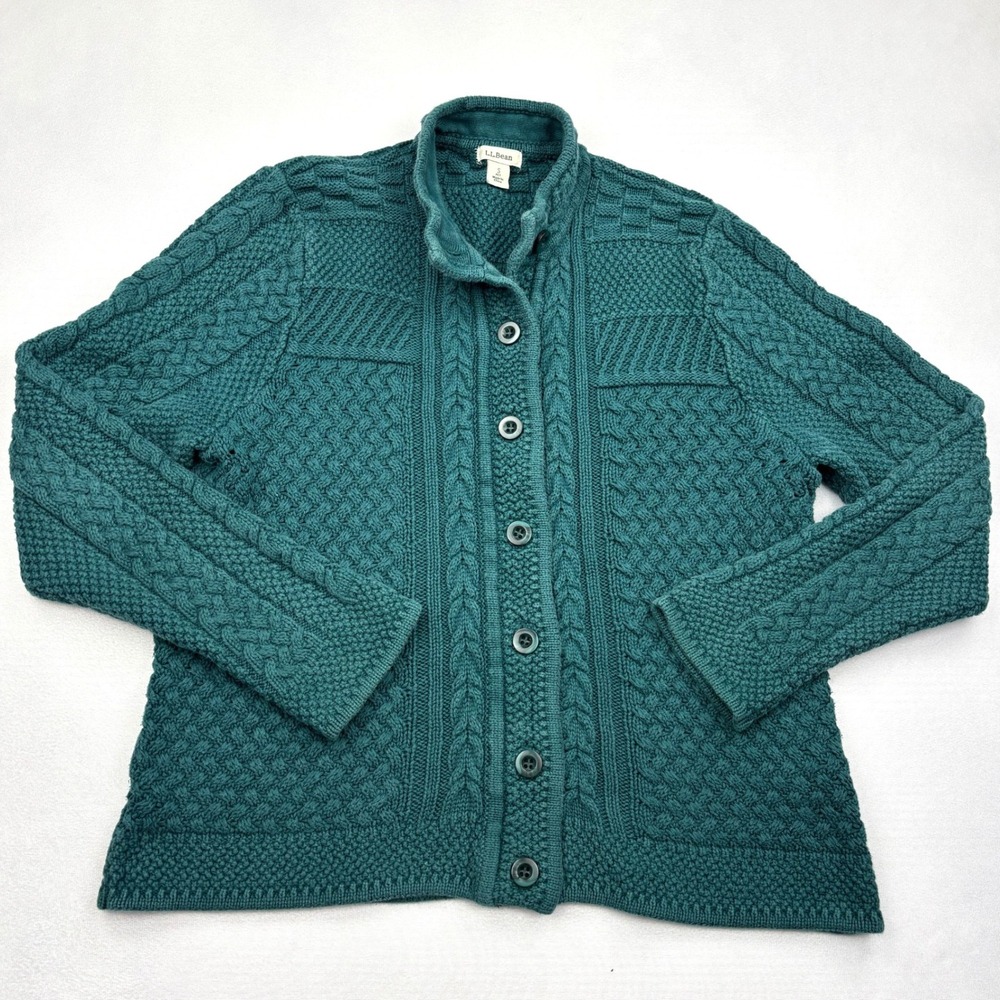LL Bean Cardigan Sweater Womens Small Petite Teal Green Cable Knit Cotton 291685
